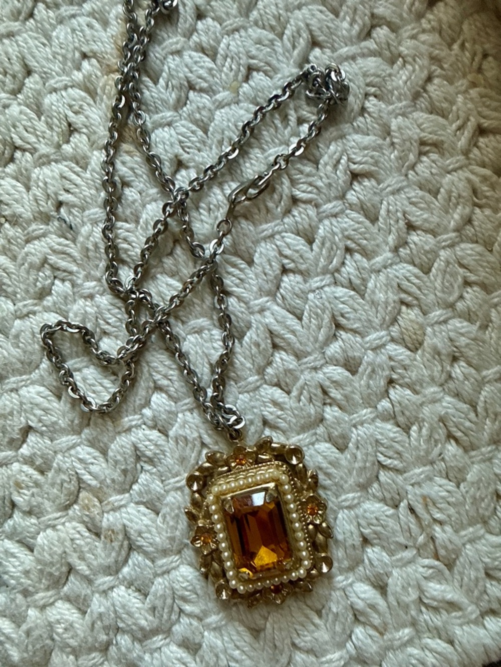 Coro Gold-Tone Pendant Necklace with Amber Stone and Pearls